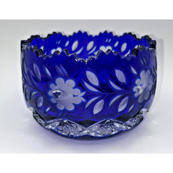 Vintage Czech Bohemian Blue Cobalt Cut to Clear Oval Sawtooth Crystal Bowl - Picture 5 of 16